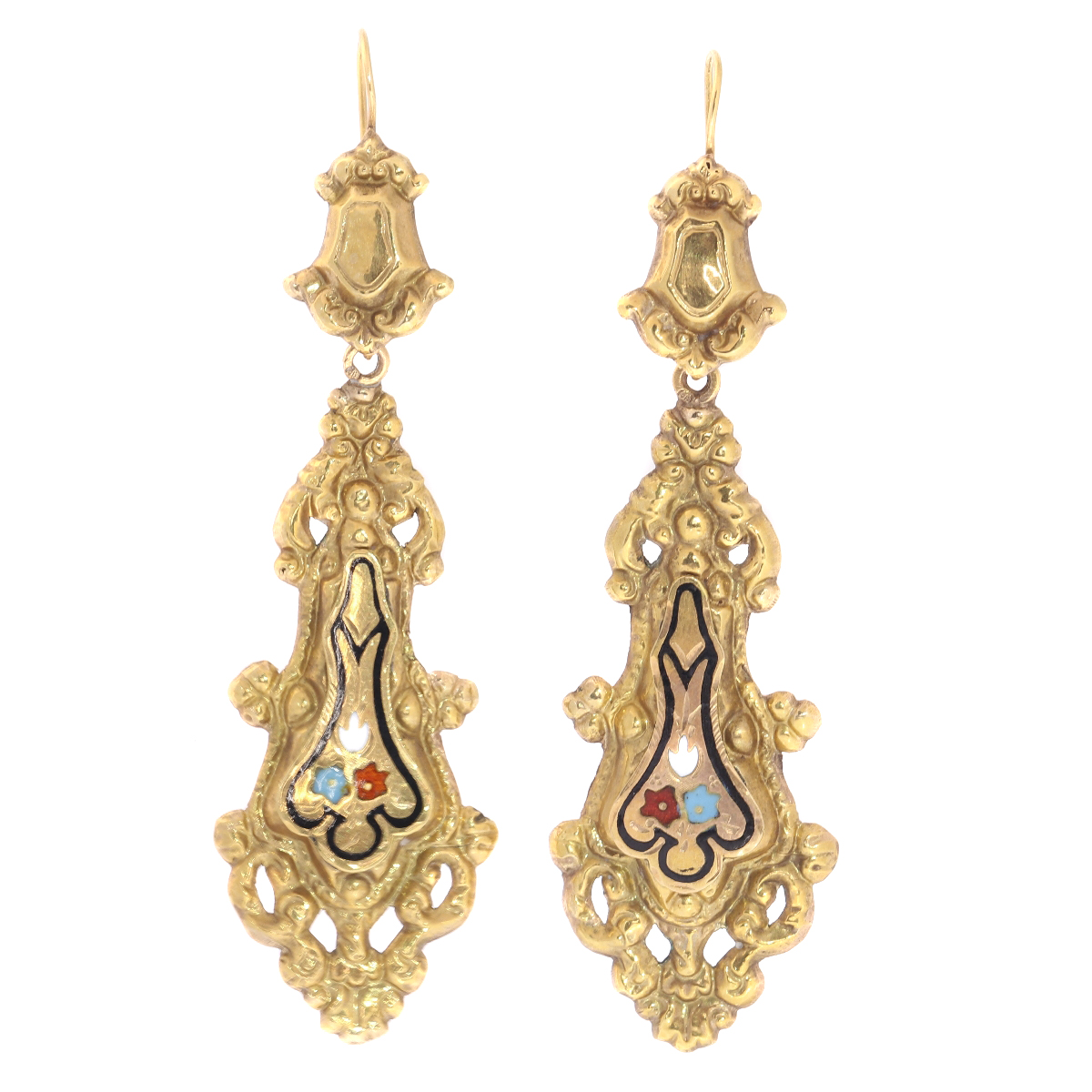 Georgian or Early Victorian long pendant earrings with enamel made in Belgium